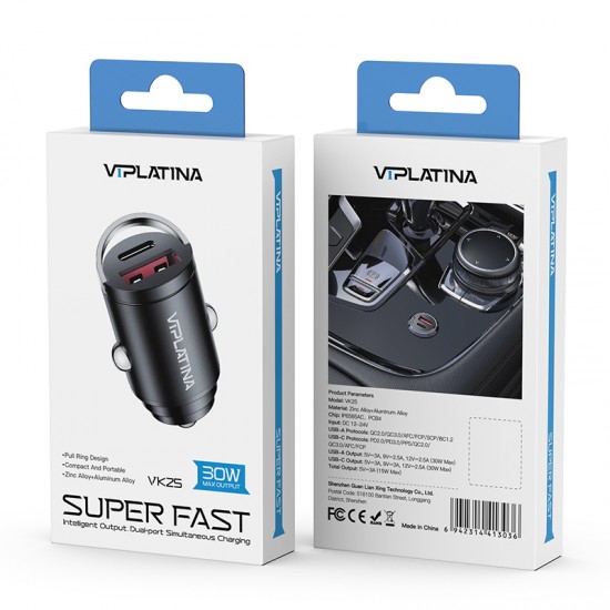 Incarcator auto universal 1 x USB-A, 1 x Type-C, VIPLATINA VK25