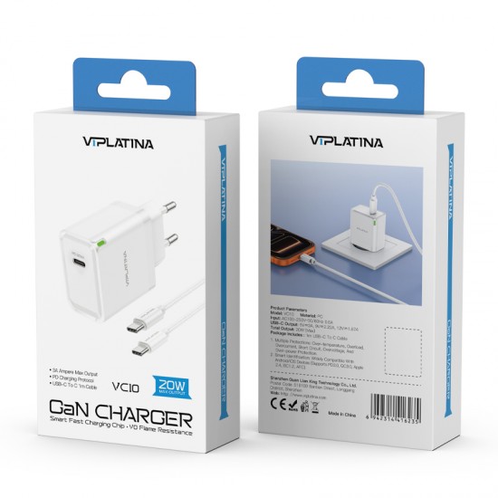 Încărcător Rapid GaN 20W USB-C cu Cablu Inclus – VIPLATINA VC10