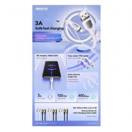Cablu Remax RC-C113 USB to iPhone 3A Fast Charging 1m