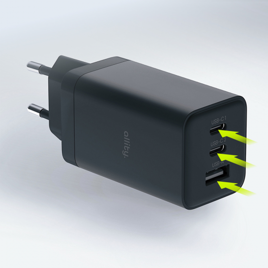 Incarcator Allity 3in1 1 x USB-A, 2 x USB Type-C 65W - Negru