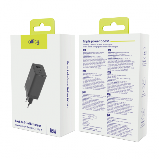 Incarcator Allity 3in1 1 x USB-A, 2 x USB Type-C 65W - Negru