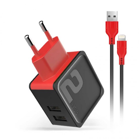 Incarcator de priza DM-20 - Fast Charge 2.4A 2xUSB + cablu pentru iPhone - Negru