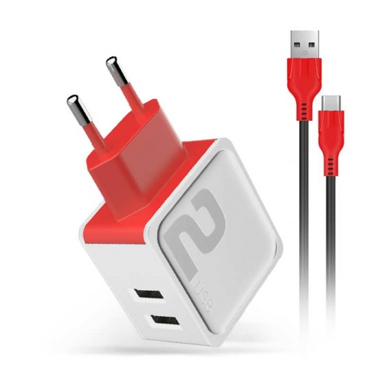 Incarcator de priza DM-20 - Fast Charge 2.4A 2xUSB + cablu Type C - Alb