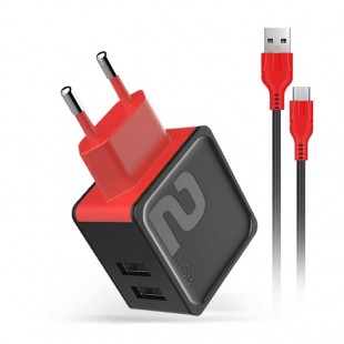 Incarcator de priza DM-20 - Fast Charge 2.4A 2xUSB + cablu Type C - Negru