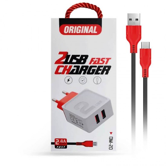 Incarcator de priza DM-20 - Fast Charge 2.4A 2xUSB + cablu Type C - Negru