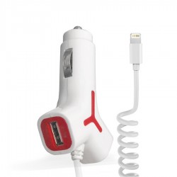 Incarcator auto KW 2.1A 2 x USB cu cablu Lightning Alb/Rosu