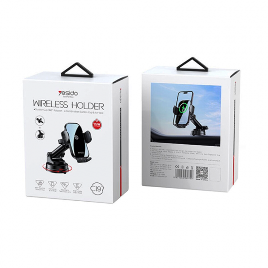 Suport auto pentru telefon cu incarcare Wireless Yesido C197 - Negru